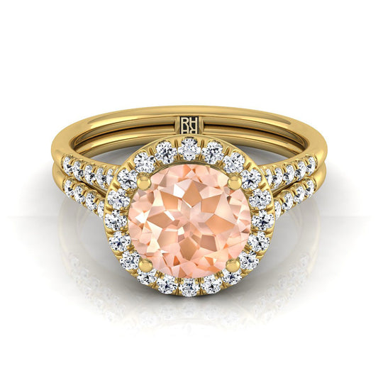 แหวนหมั้นทองคำเหลือง 14K ทรงกลมเจียระไนแบบบริลเลียนต์ ฝรั่งเศสประดับเพชรแบบปาเว่ แยกชิ้นแบบแหวนฮาโล - 3/8ctw