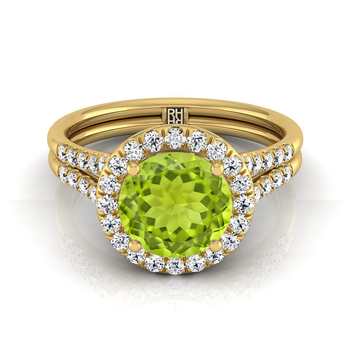 แหวนหมั้นทองคำเหลือง 14K ทรงกลมเจียระไนแบบบริลเลียนต์ ฝรั่งเศสประดับเพชรแบบปาเว่ แยกชิ้นแบบแหวนฮาโล - 3/8ctw