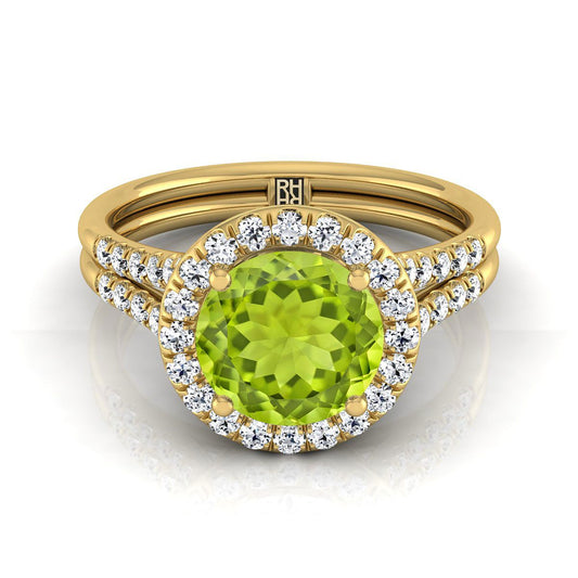 แหวนหมั้นทองคำเหลือง 14K ทรงกลมเจียระไนแบบบริลเลียนต์ ฝรั่งเศสประดับเพชรแบบปาเว่ แยกชิ้นแบบแหวนฮาโล - 3/8ctw