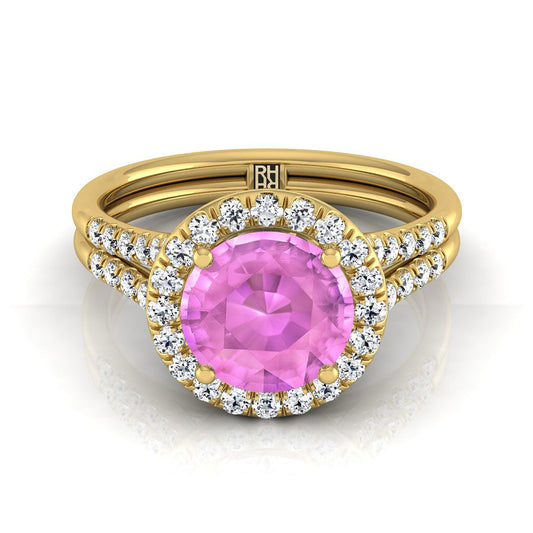 แหวนหมั้นทองคำเหลือง 18K ทรงกลมเจียระไนแบบบริลเลียนต์ ฝรั่งเศสประดับเพชรแบบปาเว่ แยกชิ้นแบบฮาโล - 3/8ctw