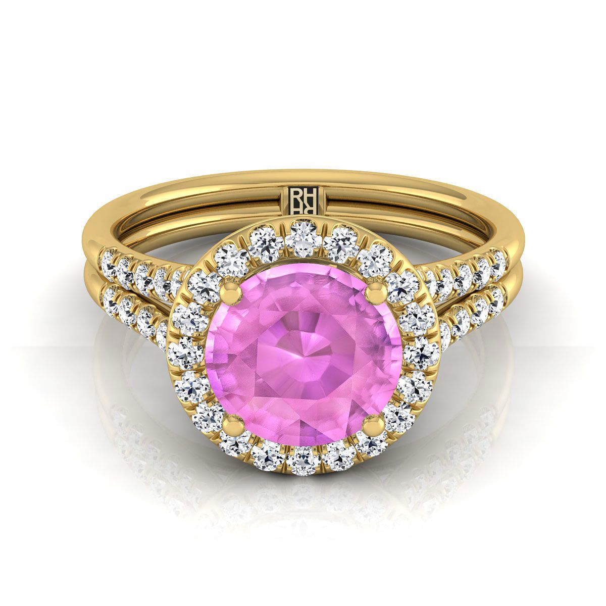 แหวนหมั้นทองคำเหลือง 14K ทรงกลมเจียระไนแบบบริลเลียนต์ ฝรั่งเศสประดับเพชรแบบปาเว่ แยกชิ้นแบบแหวนฮาโล - 3/8ctw