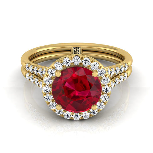 14K Yellow Gold Round Brilliant French Pave Split Shank Halo Engagement Ring -3/8ctw