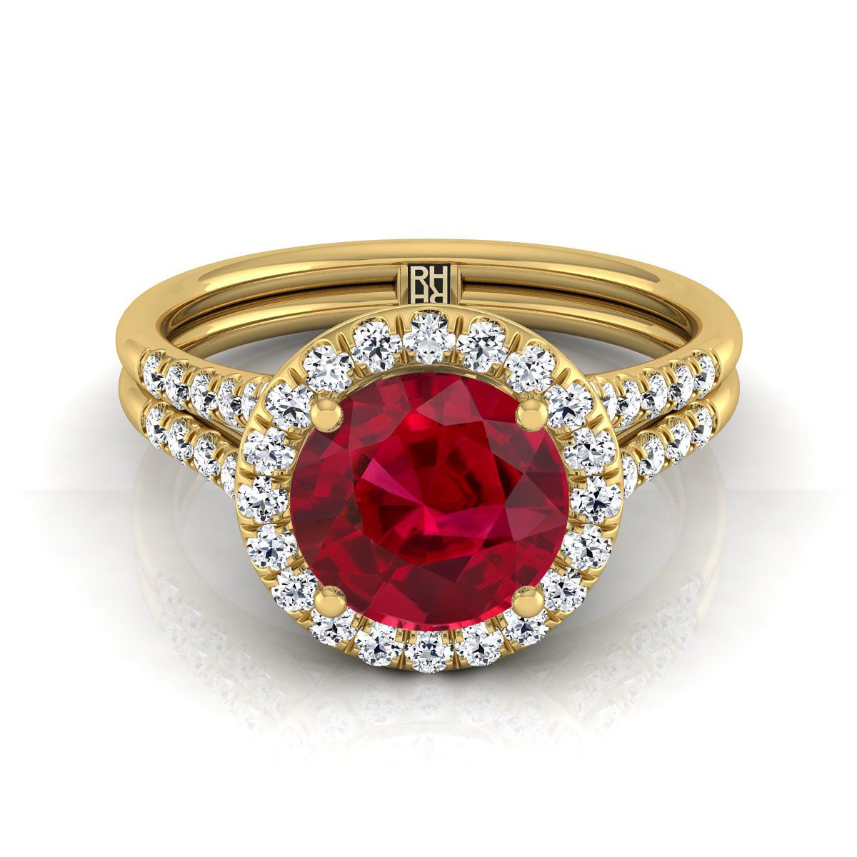 18K Yellow Gold Round Brilliant French Pave Split Shank Halo Engagement Ring -3/8ctw