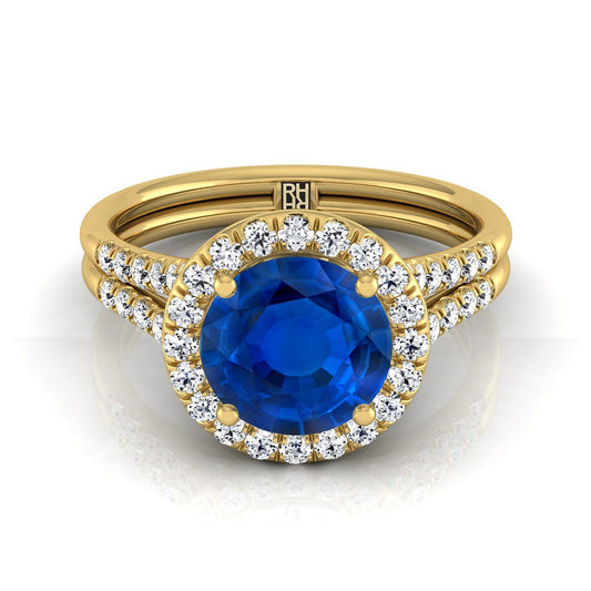 14K Yellow Gold Round Brilliant French Pave Split Shank Halo Engagement Ring -3/8ctw