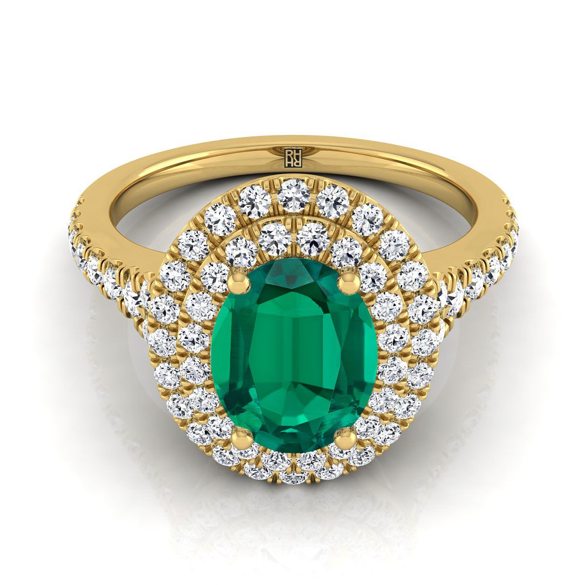 18K Yellow Gold Oval Emerald Double Halo with Scalloped Pavé Diamond Engagement Ring -1/2ctw