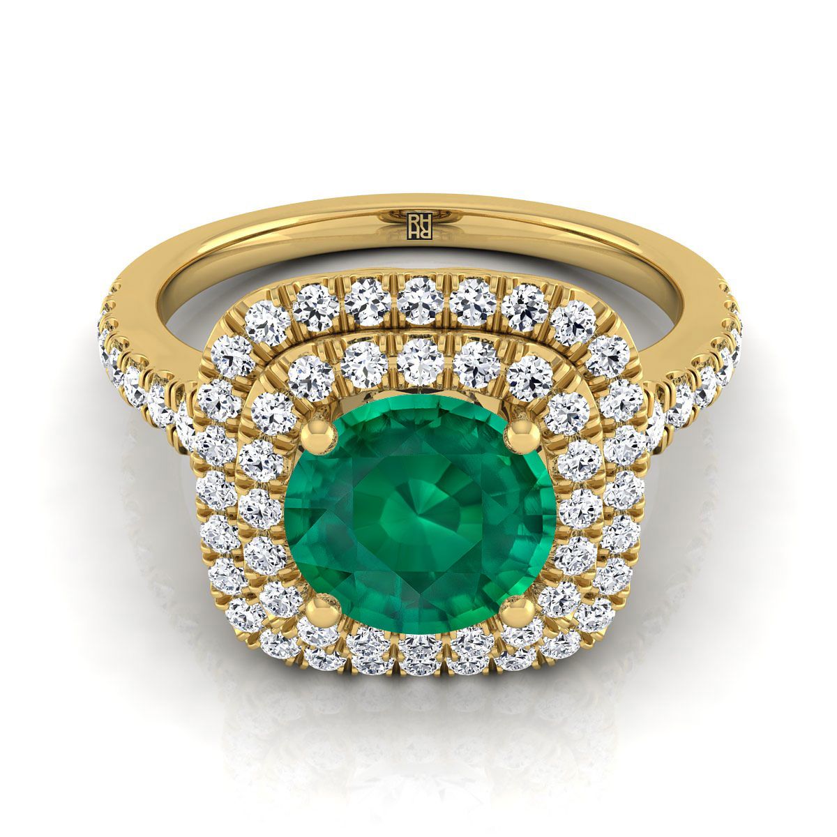 แหวนหมั้นเพชรทรงกลมเจียระไนแบบบริลเลียนต์สีมรกต 18K ทองเหลืองพร้อมวงแหวนคู่แบบฮาโล่และเพชรปาเว่ขอบหยัก - 1/2ctw