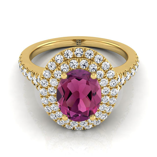 18K Yellow Gold Oval Garnet Double Halo with Scalloped Pavé Diamond Engagement Ring -1/2ctw