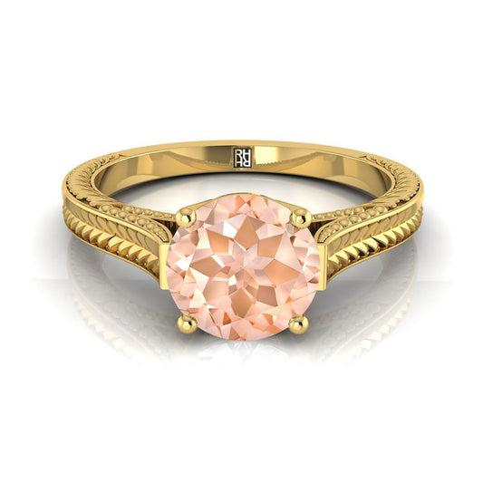 แหวนหมั้นเดี่ยวสไตล์วิกตอเรียนโบสถ์แกะสลักด้วยมือประดับมอร์กาไนต์ทรงกลมเจียระไนแบบบริลเลียนต์ทองคำเหลือง 18K