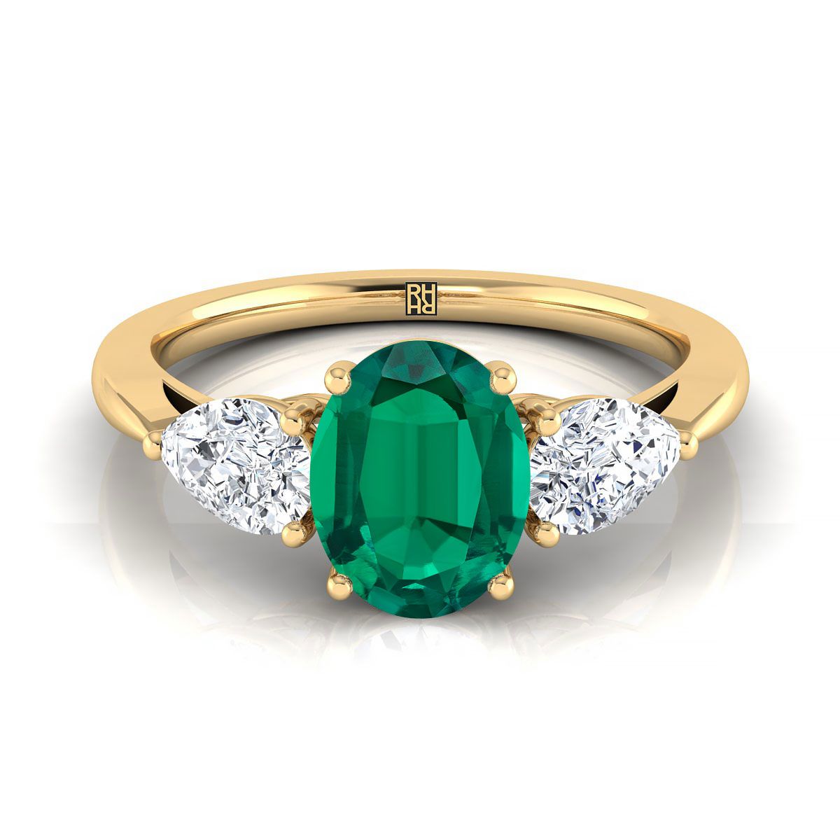 18K Yellow Gold Oval Emerald Perfectly Matched Pear Shaped Three Diamond Engagement Ring -7/8ctw
