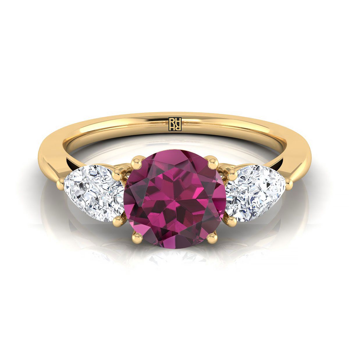 18K Yellow Gold Round Brilliant Garnet Perfectly Matched Pear Shaped Three Diamond Engagement Ring -7/8ctw