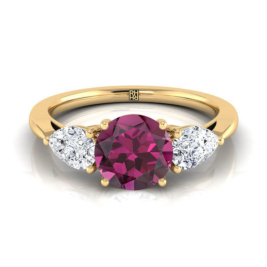 18K Yellow Gold Round Brilliant Garnet Perfectly Matched Pear Shaped Three Diamond Engagement Ring -7/8ctw