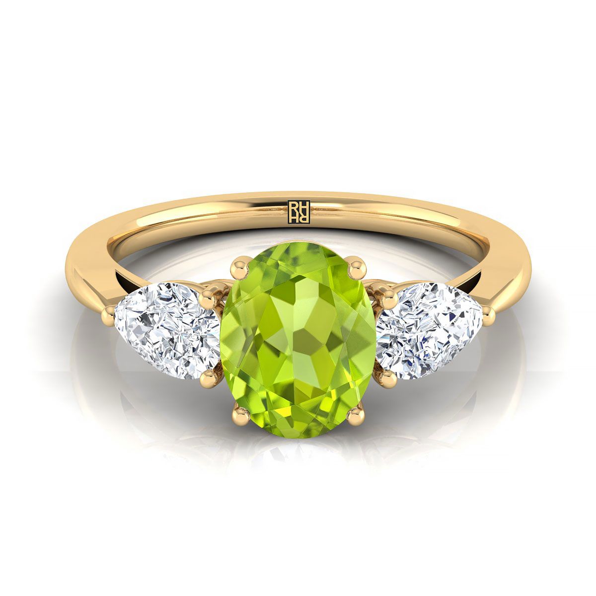 14K Yellow Gold Oval Peridot Perfectly Matched Pear Shaped Three Diamond Engagement Ring -7/8ctw
