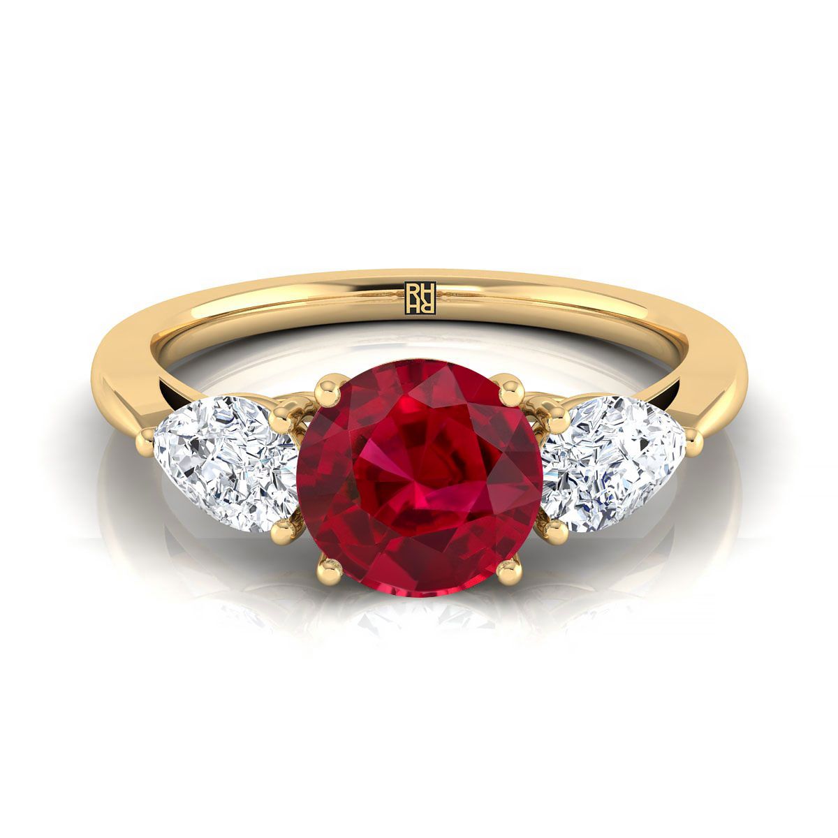 14K Yellow Gold Round Brilliant Ruby Perfectly Matched Pear Shaped Three Diamond Engagement Ring -7/8ctw