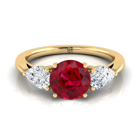 14K Yellow Gold Round Brilliant Ruby Perfectly Matched Pear Shaped Three Diamond Engagement Ring -7/8ctw