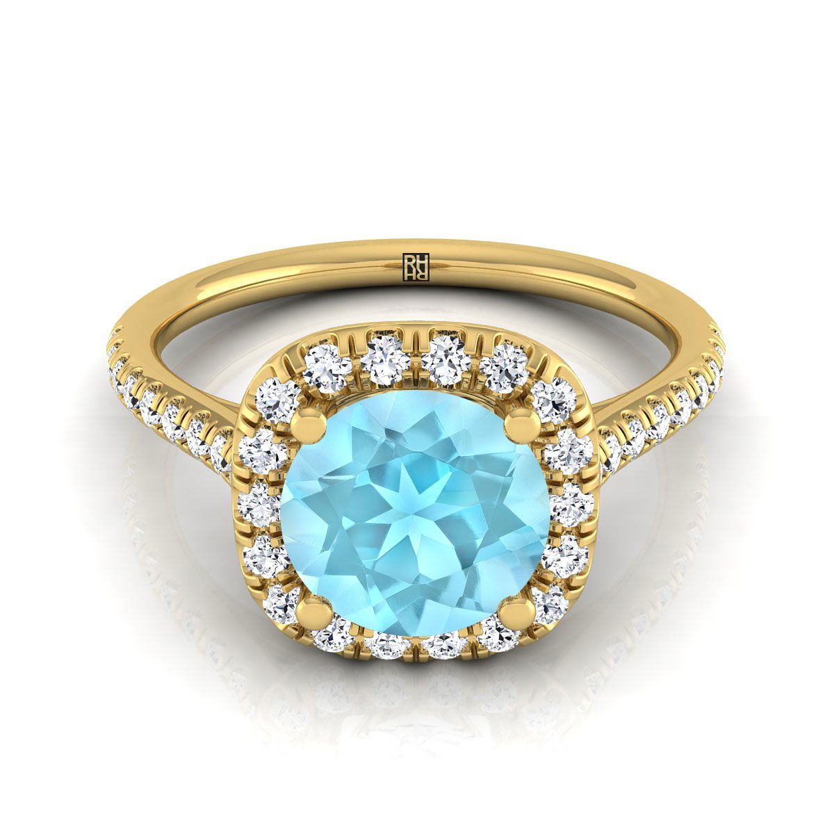 แหวนหมั้นอะความารีนทรงกลมเจียระไนแบบประกายแสงประดับด้วยทองคำเหลือง 14K แบบหนีบเรียบพร้อมฮาโล - 1/3ctw