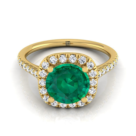 18K Yellow Gold Round Brilliant Emerald Simple Prong Set Halo Engagement Ring -1/3ctw