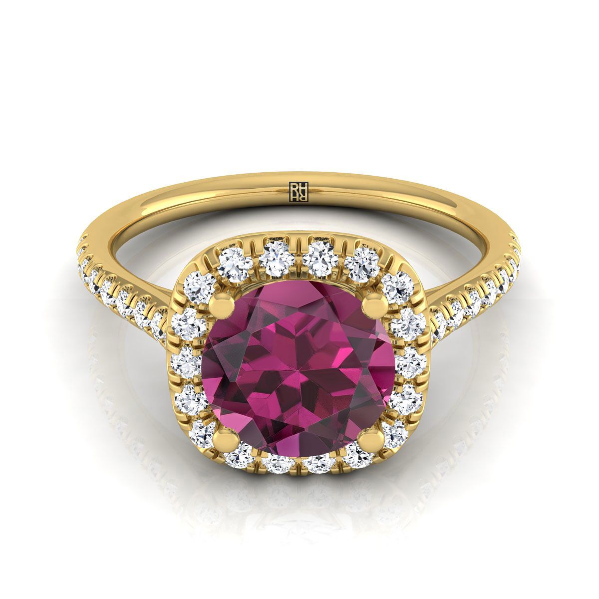 18K Yellow Gold Round Brilliant Garnet Simple Prong Set Halo Engagement Ring -1/3ctw