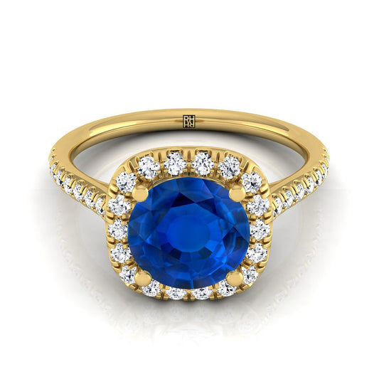 18K Yellow Gold Round Brilliant Sapphire Simple Prong Set Halo Engagement Ring -1/3ctw