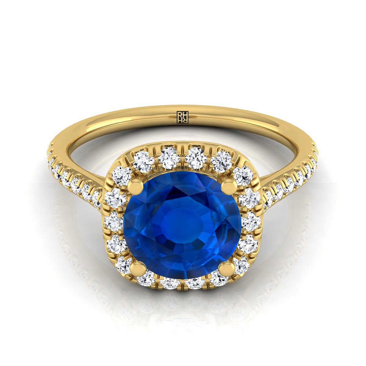 14K Yellow Gold Round Brilliant Sapphire Simple Prong Set Halo Engagement Ring -1/3ctw