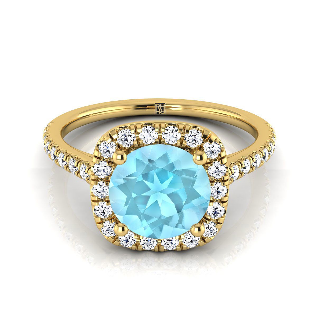 แหวนหมั้นประดับเพชรแบบปาเว่ทรงกลมเจียระไนแบบบริลเลียนต์สีฟ้าน้ำทะเลล้อมด้วยทองคำเหลือง 14K - 1/3 กะรัตรวม