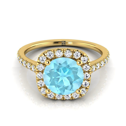 แหวนหมั้นประดับเพชรแบบปาเว่ทรงกลมเจียระไนแบบบริลเลียนต์สีฟ้าน้ำทะเลล้อมด้วยทองคำเหลือง 14K - 1/3 กะรัตรวม