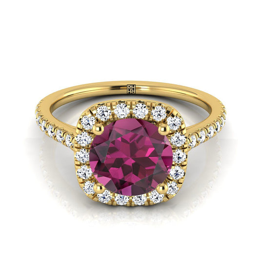 18K Yellow Gold Round Brilliant Garnet Halo Diamond Pave Engagement Ring -1/3ctw