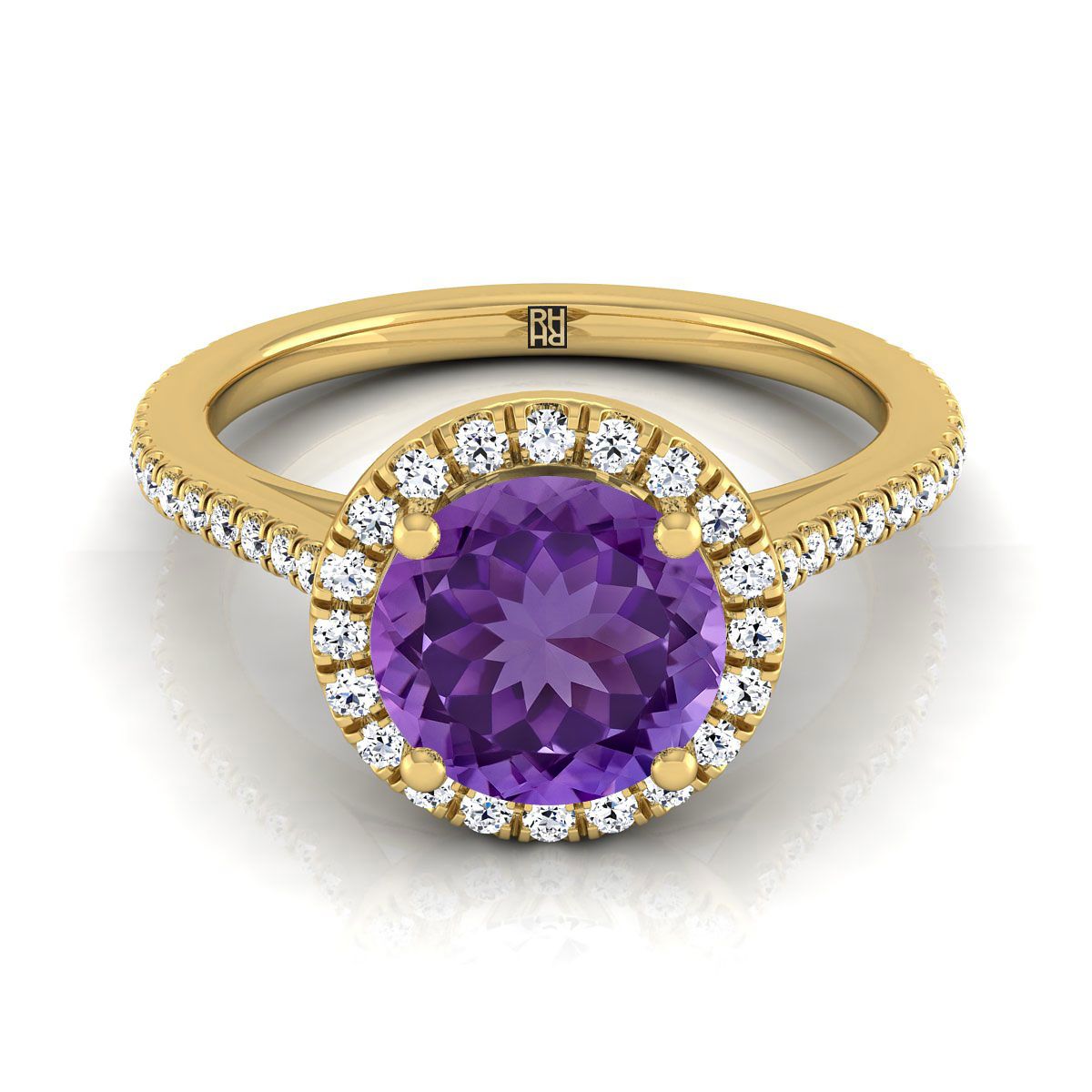 แหวนหมั้นทองคำเหลือง 18K ทรงกลมเจียระไนแบบคลาสสิก ฝรั่งเศสแบบปาเว่และฮาโลว์เชิงเส้น - 1/4ctw