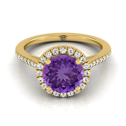 แหวนหมั้นทองคำเหลือง 14K ทรงกลมเจียระไนแบบคลาสสิก ฝรั่งเศสประดับเพชรแบบฮาโลและเส้นตรง - 1/4ctw