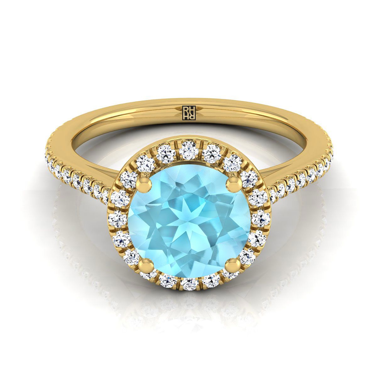 แหวนหมั้นทองคำเหลือง 14K ทรงกลมเจียระไนแบบคลาสสิก ฝรั่งเศสประดับเพชรแบบฮาโลและเส้นตรง - 1/4ctw