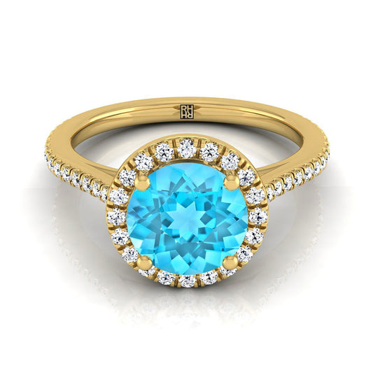 14K Yellow Gold Round Brilliant Classic French Pave Halo and Linear Engagement Ring -1/4ctw