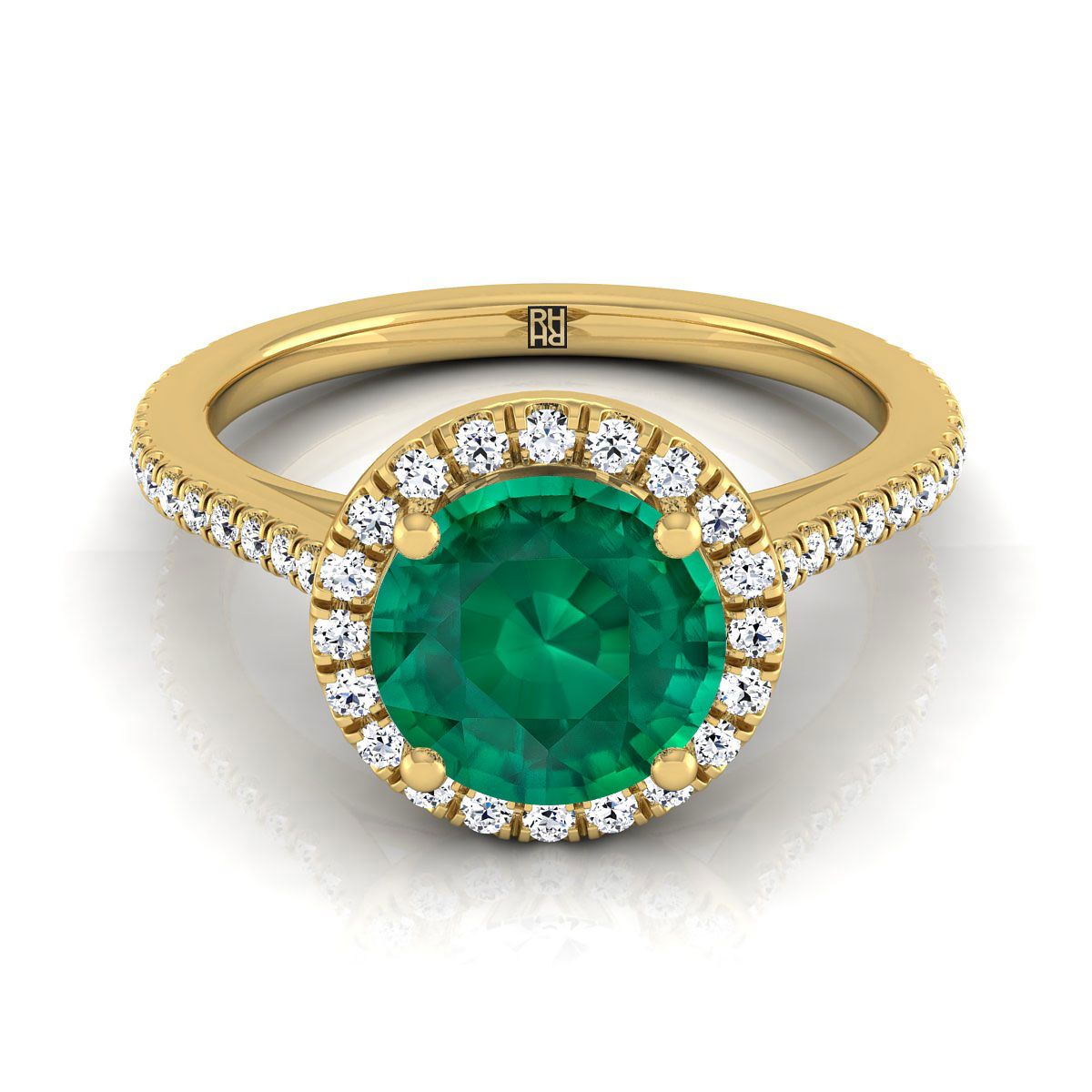 แหวนหมั้นทองคำเหลือง 14K ทรงกลมเจียระไนแบบคลาสสิก ฝรั่งเศสประดับเพชรแบบฮาโลและเส้นตรง - 1/4ctw