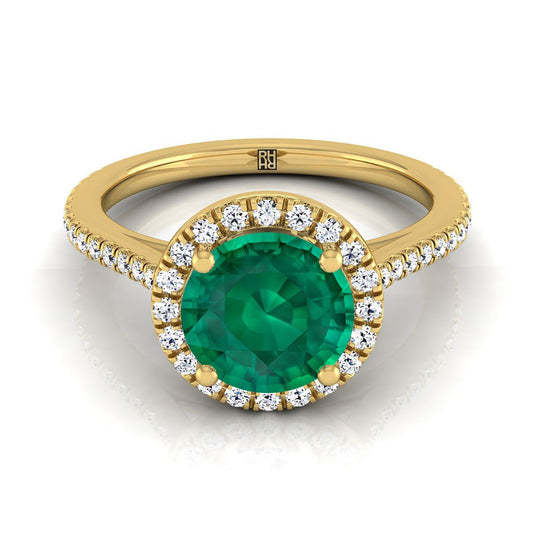 แหวนหมั้นทองคำเหลือง 14K ทรงกลมเจียระไนแบบคลาสสิก ฝรั่งเศสประดับเพชรแบบฮาโลและเส้นตรง - 1/4ctw