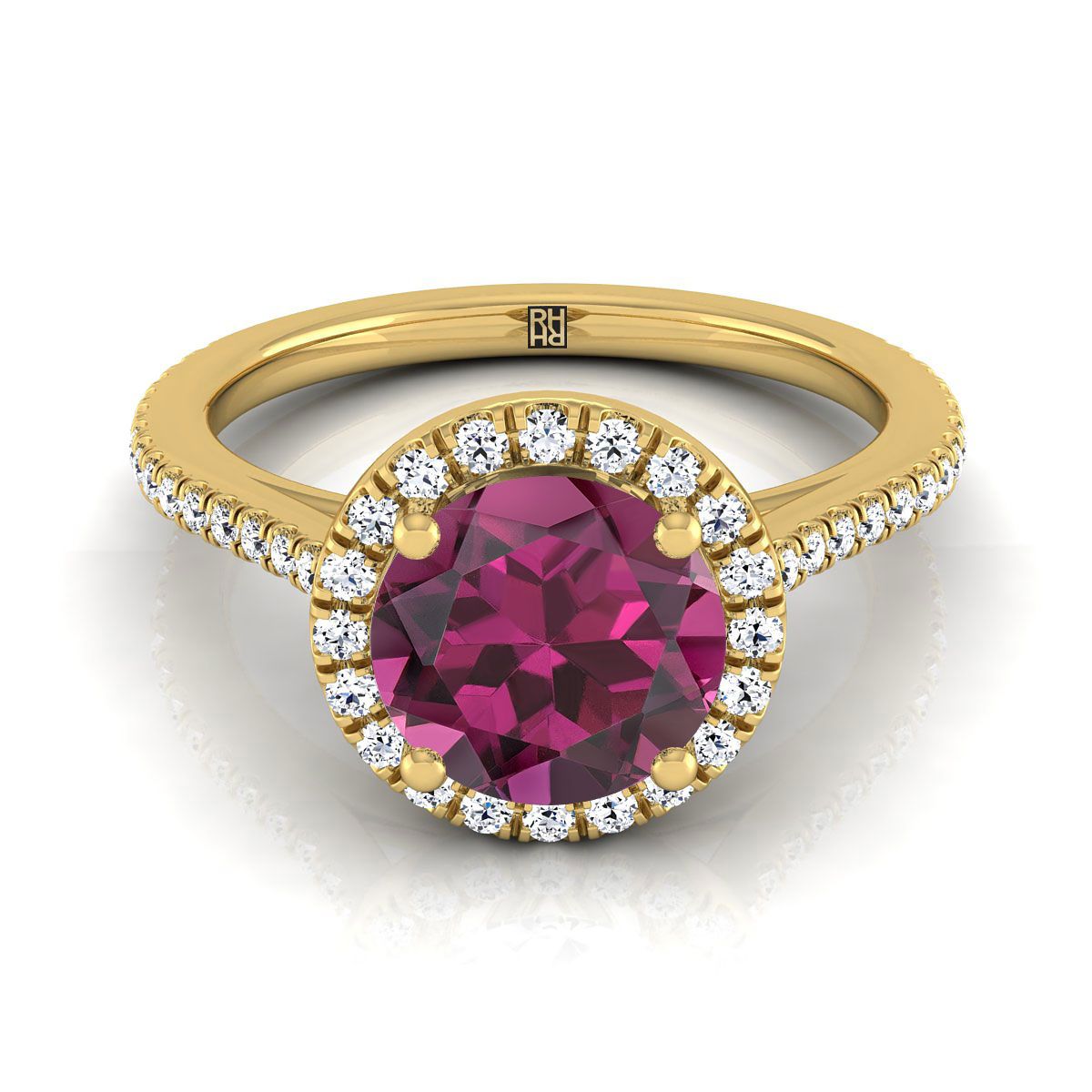 แหวนหมั้นทองคำเหลือง 14K ทรงกลมเจียระไนแบบคลาสสิก ฝรั่งเศสประดับเพชรแบบฮาโลและเส้นตรง - 1/4ctw