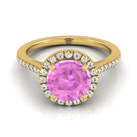 แหวนหมั้นทองคำเหลือง 14K ทรงกลมเจียระไนแบบคลาสสิก ฝรั่งเศสประดับเพชรแบบฮาโลและเส้นตรง - 1/4ctw