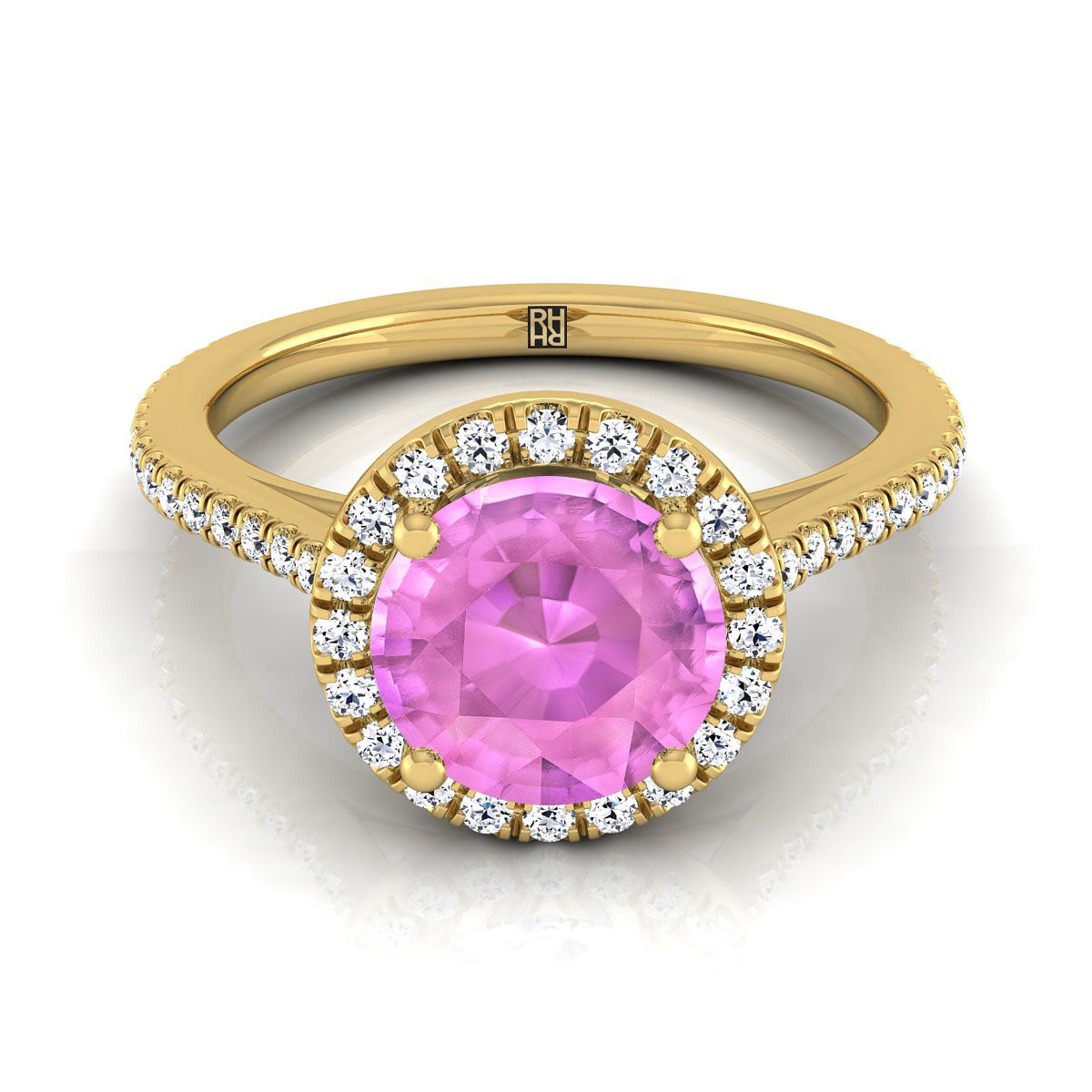 แหวนหมั้นทองคำเหลือง 18K ทรงกลมเจียระไนแบบคลาสสิก ฝรั่งเศสแบบปาเว่และฮาโลว์เชิงเส้น - 1/4ctw