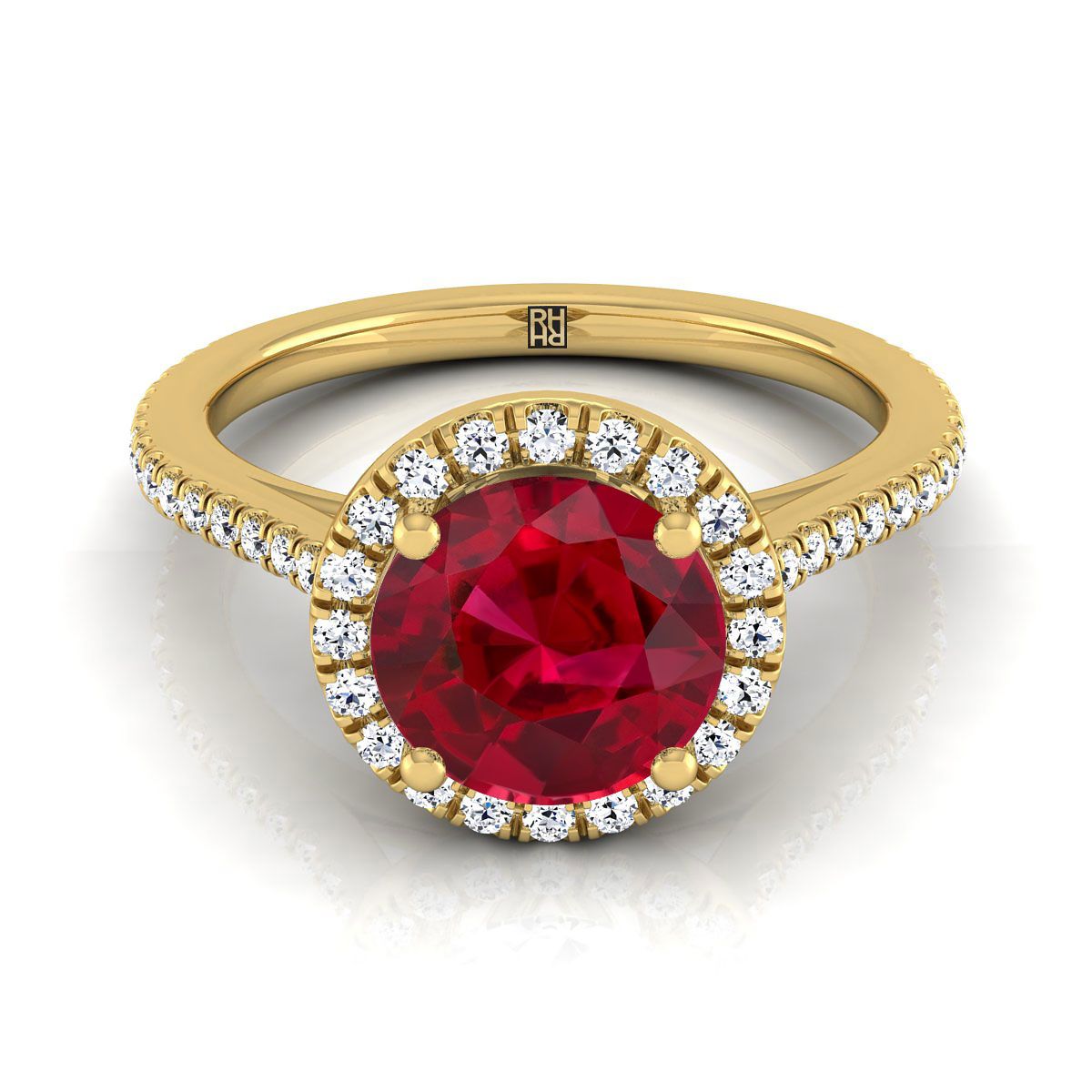 14K Yellow Gold Round Brilliant Classic French Pave Halo and Linear Engagement Ring -1/4ctw