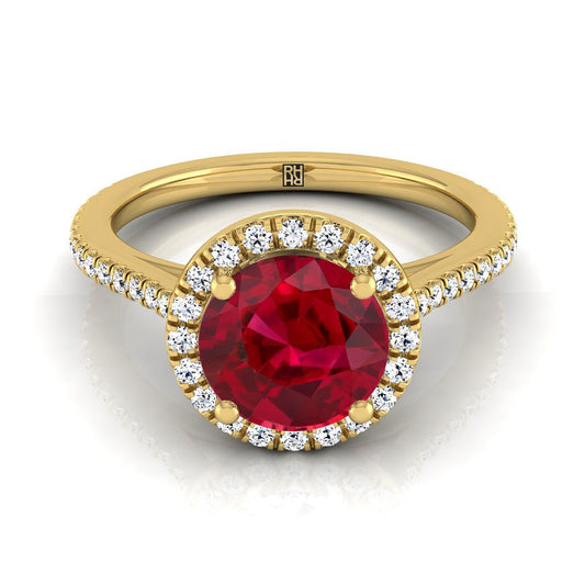 18K Yellow Gold Round Brilliant Classic French Pave Halo and Linear Engagement Ring -1/4ctw