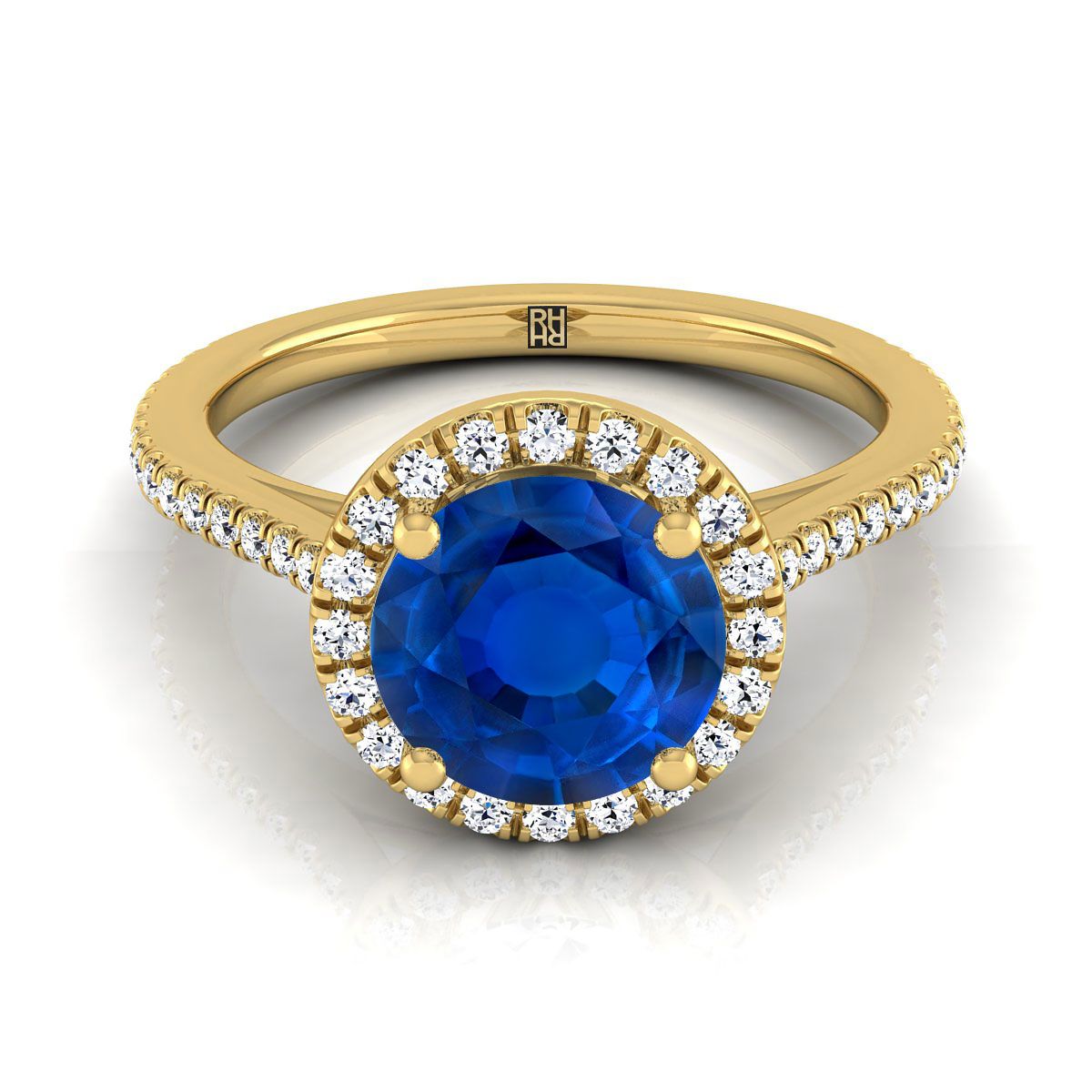 14K Yellow Gold Round Brilliant Classic French Pave Halo and Linear Engagement Ring -1/4ctw