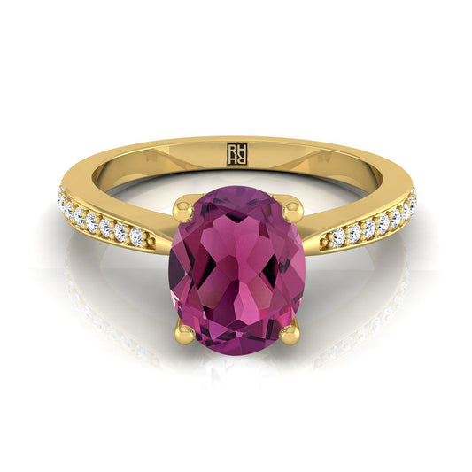 18K Yellow Gold Oval Garnet Tapered Pave Diamond Engagement Ring -1/8ctw