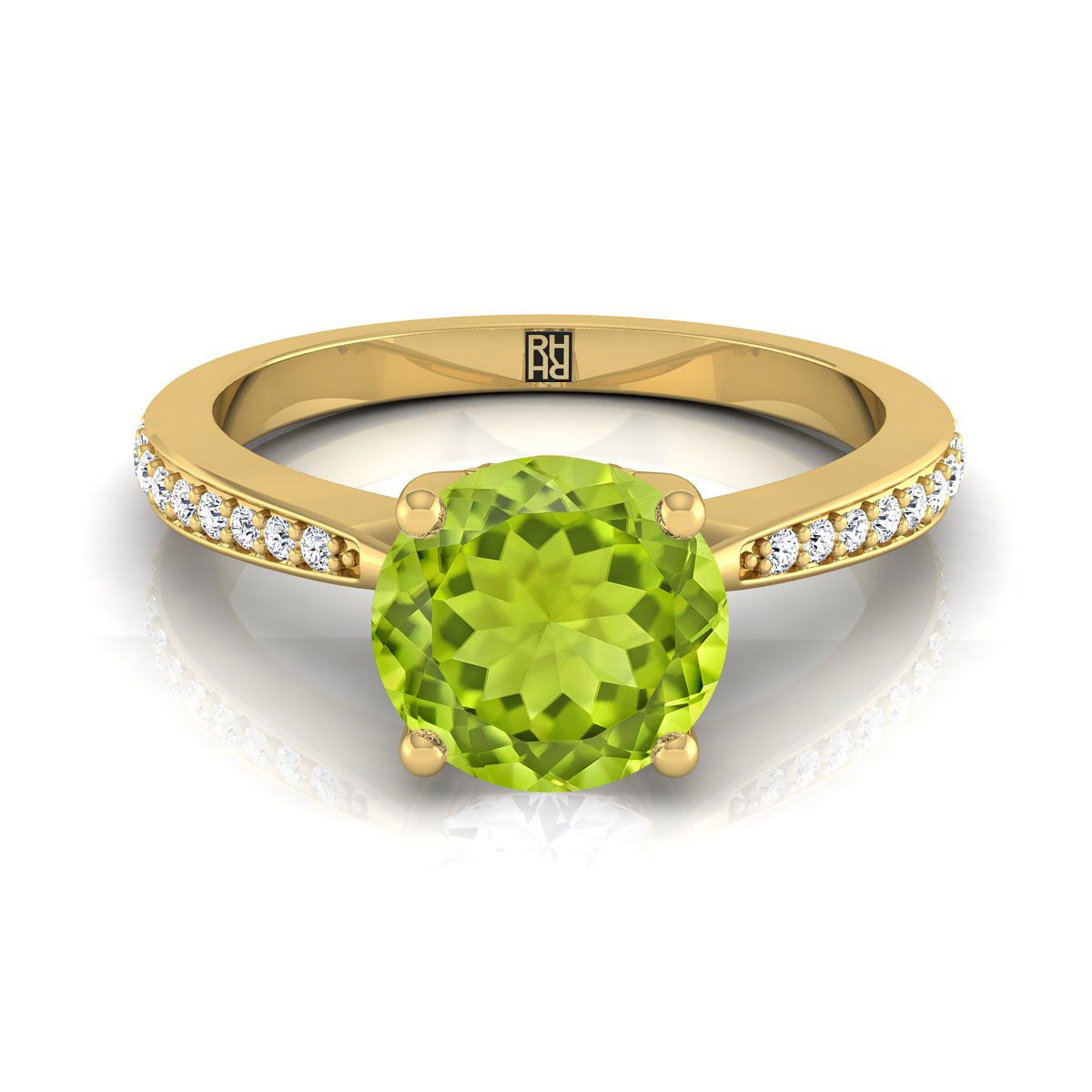18K Yellow Gold Round Brilliant Peridot Tapered Pave Diamond Engagement Ring -1/8ctw