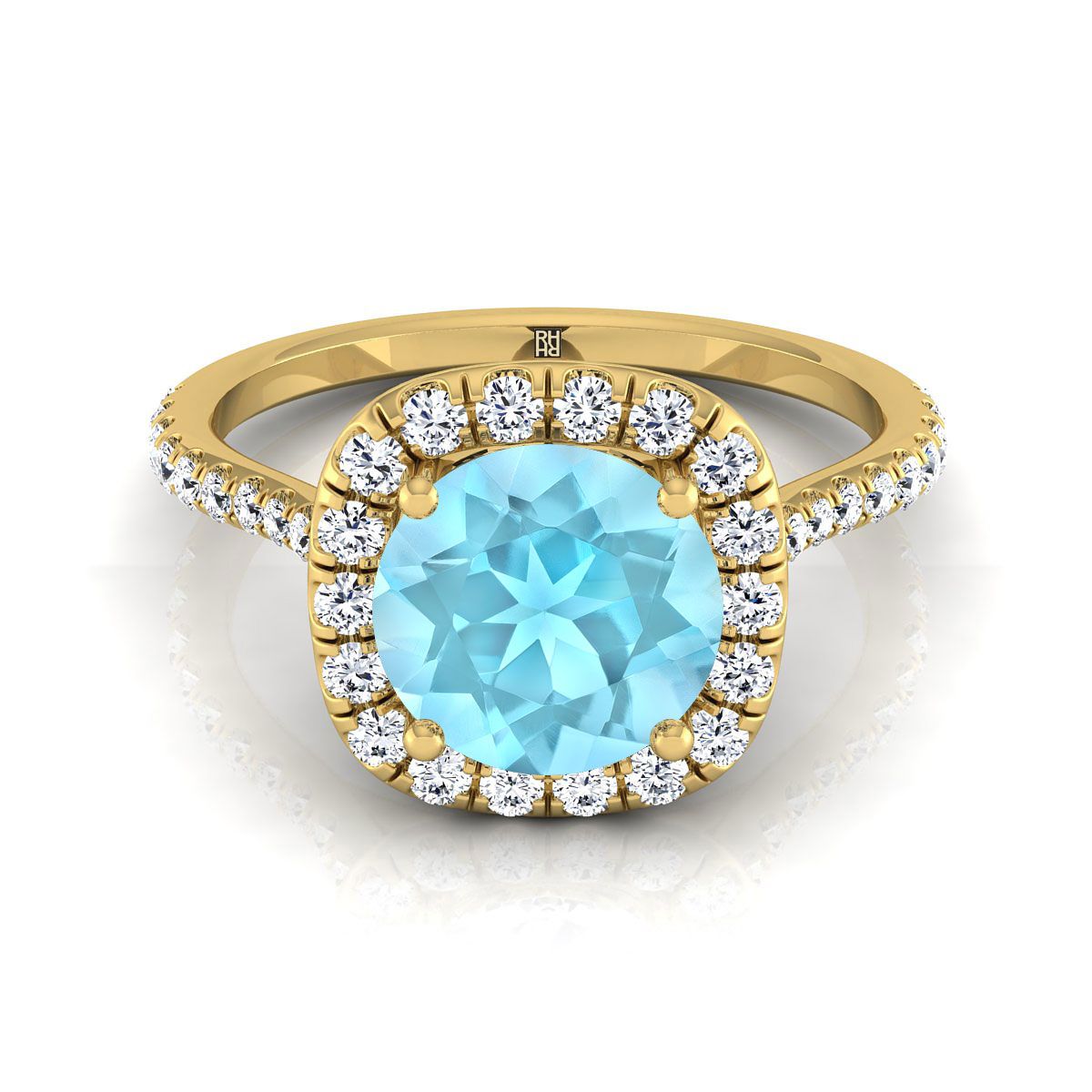18K Yellow Gold Round Brilliant Aquamarine Shared Prong Diamond Halo Engagement Ring -3/8ctw