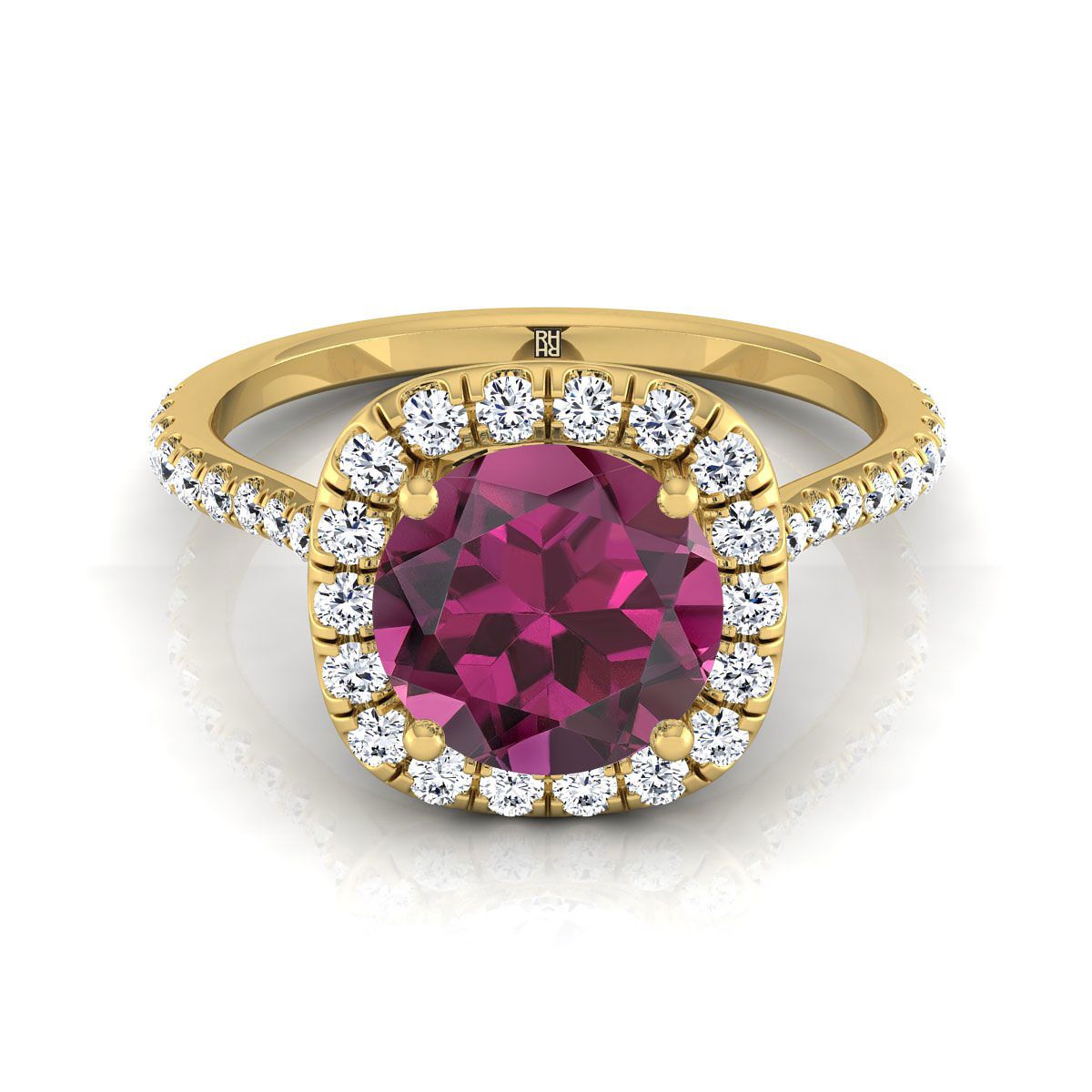14K Yellow Gold Round Brilliant Garnet Shared Prong Diamond Halo Engagement Ring -3/8ctw