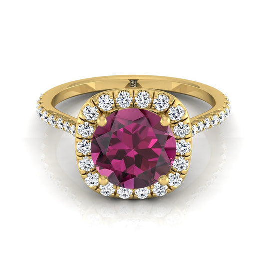 14K Yellow Gold Round Brilliant Garnet Shared Prong Diamond Halo Engagement Ring -3/8ctw