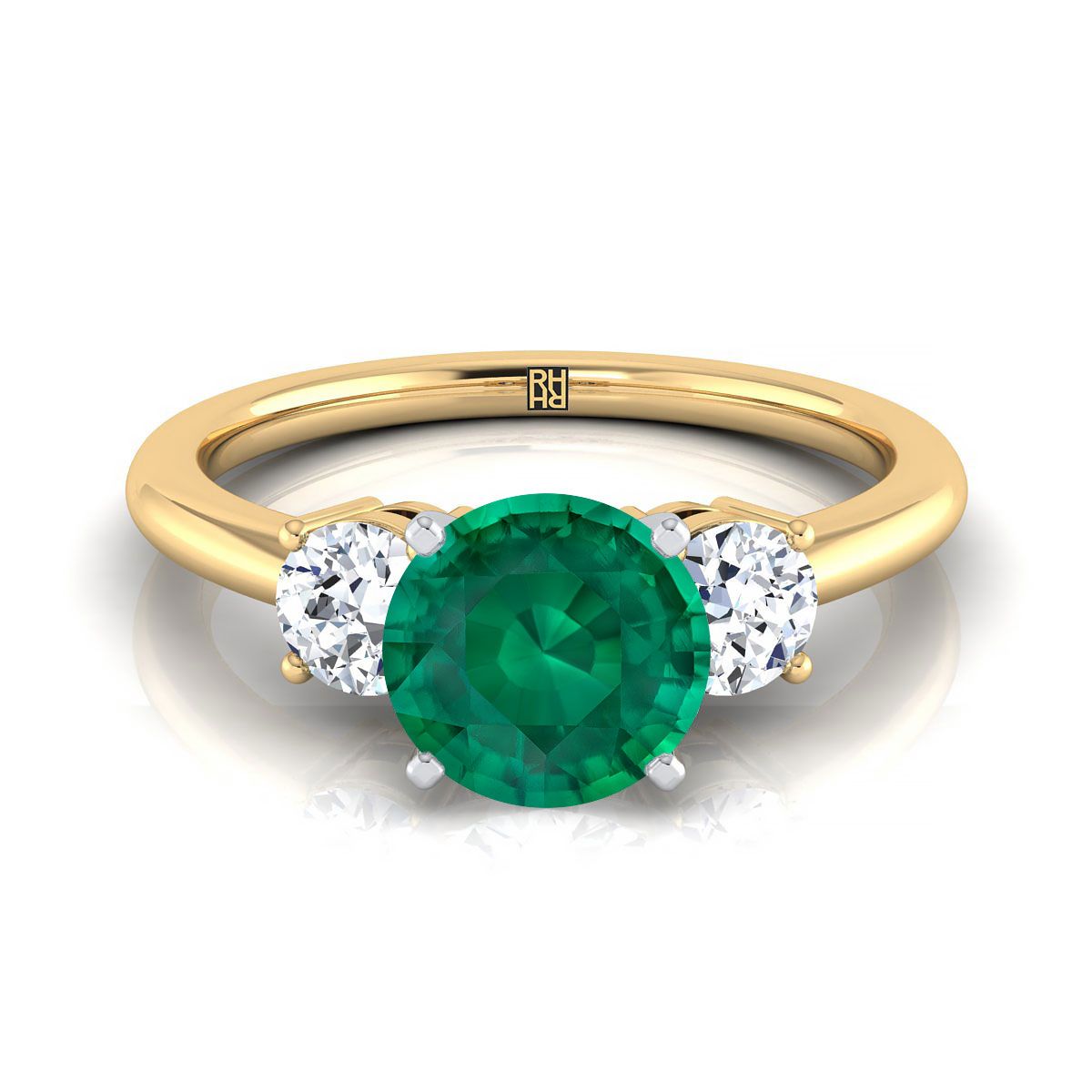 18K Yellow Gold Round Brilliant Emerald Perfectly Matched Round Three Stone Diamond Engagement Ring -1/4ctw