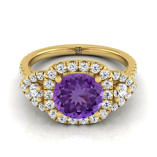 แหวนหมั้นเพชรแบบสามก้อนประดับด้วยอเมทิสต์ทรงกลมเจียระไนแบบบริลเลียนต์สีเหลืองทอง 18K น้ำหนักรวม 5/8 กะรัต