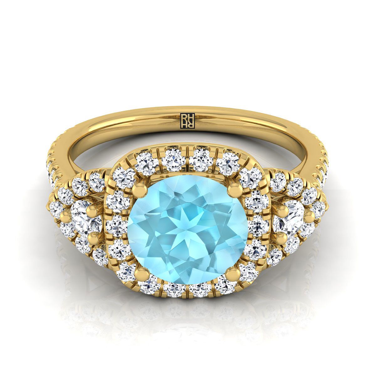 18K Yellow Gold Round Brilliant Aquamarine Delicate Three Stone Halo Pave Diamond Engagement Ring -5/8ctw