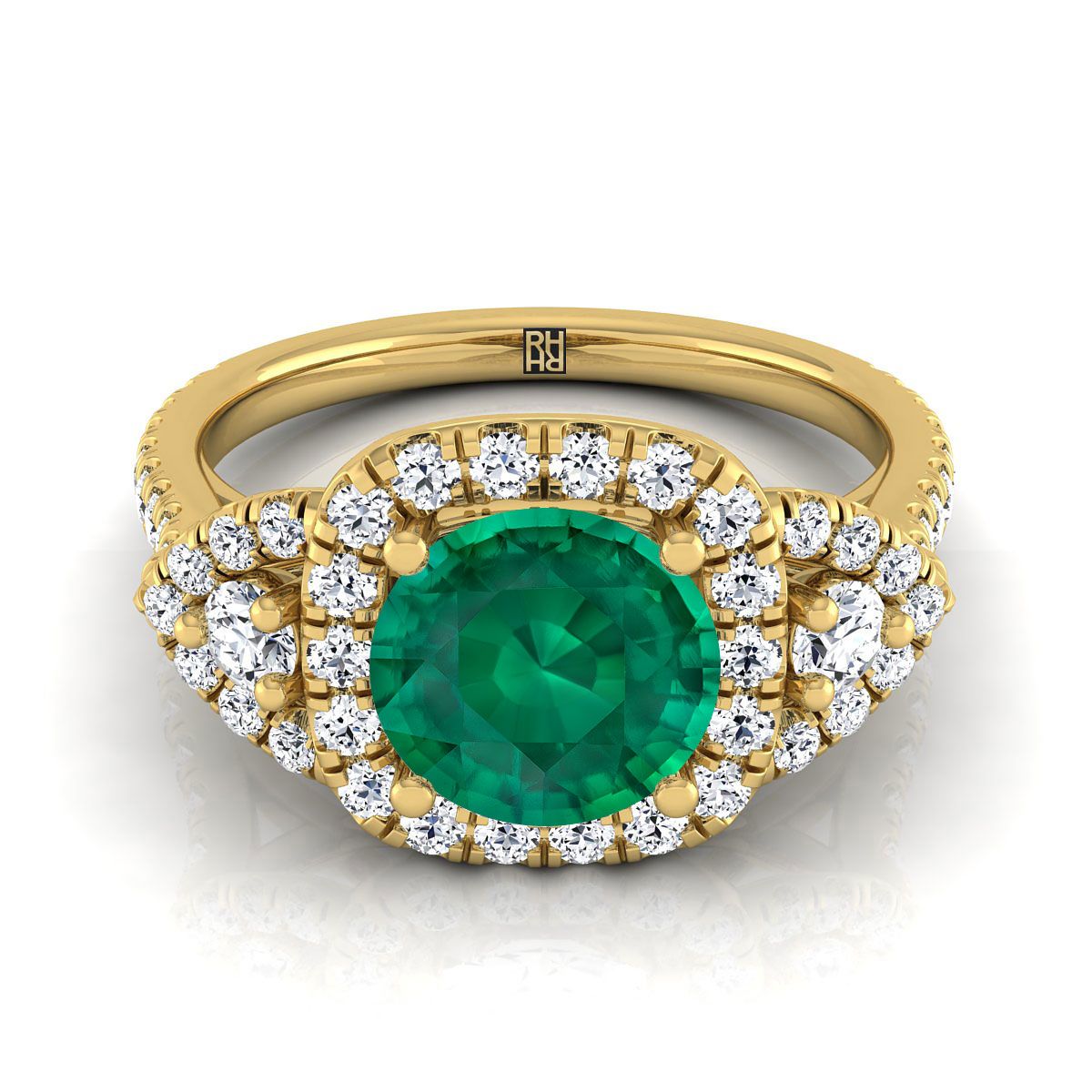 18K Yellow Gold Round Brilliant Emerald Delicate Three Stone Halo Pave Diamond Engagement Ring -5/8ctw