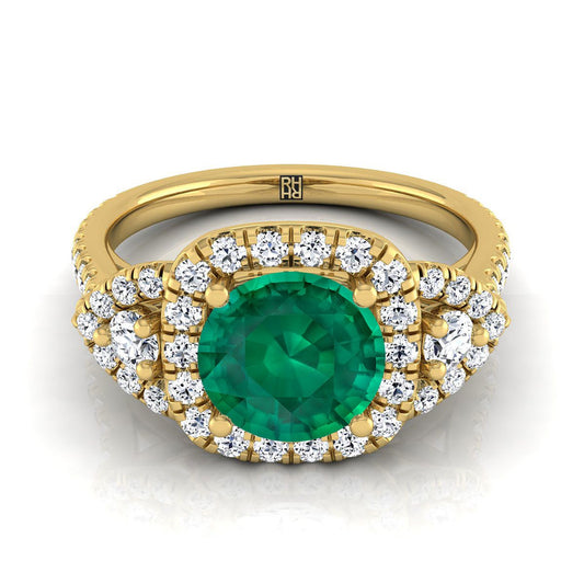 18K Yellow Gold Round Brilliant Emerald Delicate Three Stone Halo Pave Diamond Engagement Ring -5/8ctw