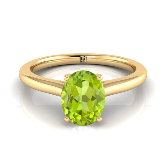 แหวนหมั้นเดี่ยวแบบหนีบด้วยกรงเล็บทรงวงรีเพอริดอตทองคำเหลือง 18K แบบสวมใส่สบาย