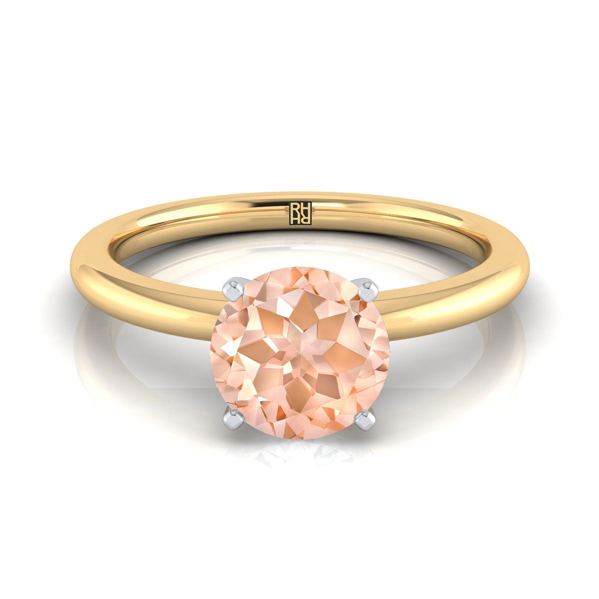 แหวนหมั้นเดี่ยวแบบหนามเตยทรงกลม Morganite ทองคำเหลือง 14K ทรงกลมเจียระไนแบบ Brilliant พร้อมความสบายในการสวมใส่แบบรอบวง